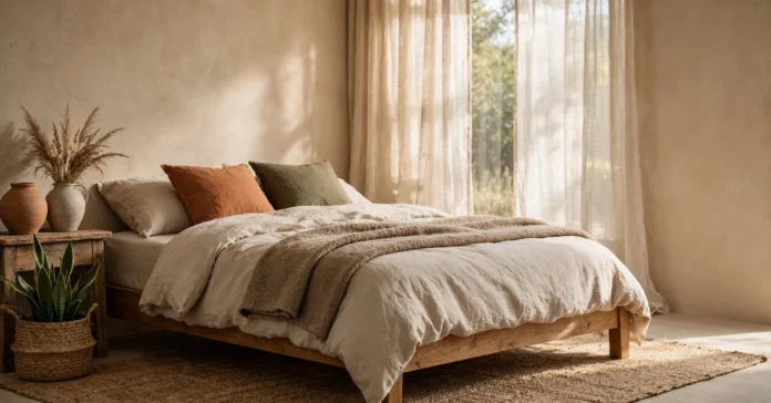 Earthy bedroom with oat linen bedding, oak bed frame, clay lamp, and green plant in soft morning light