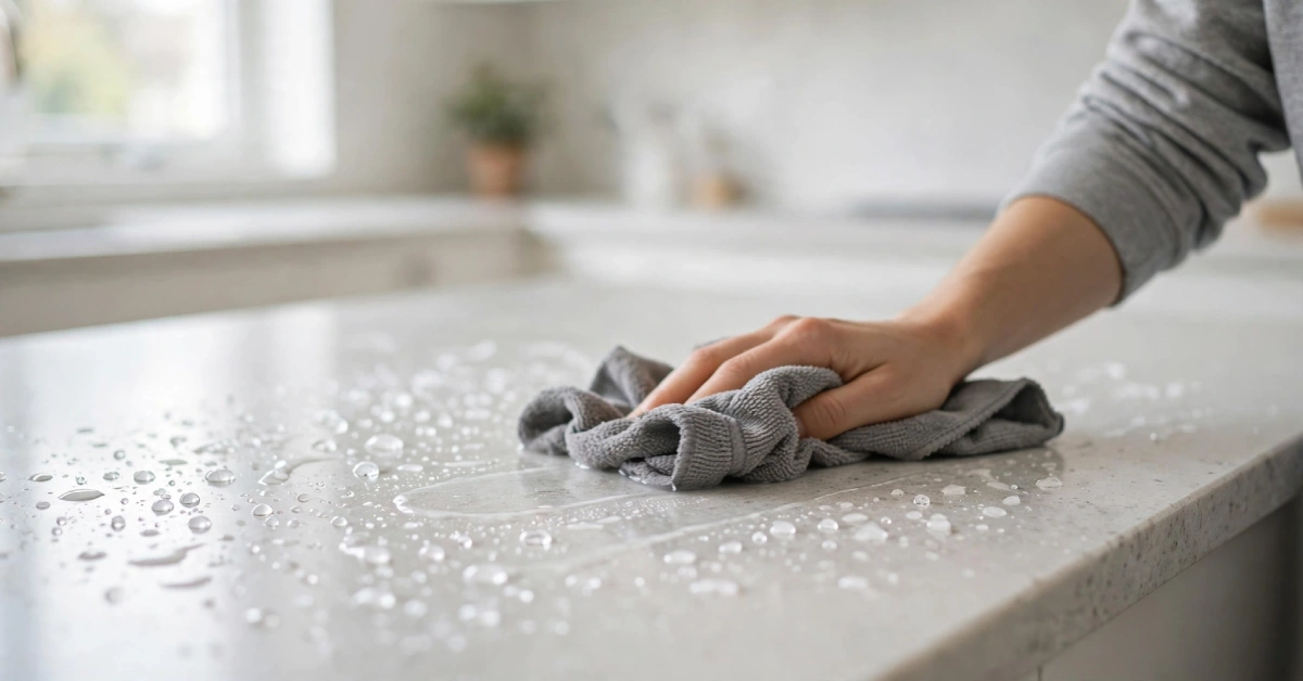 Quartz kitchen worktop being wiped clean to show a low-maintenance surface