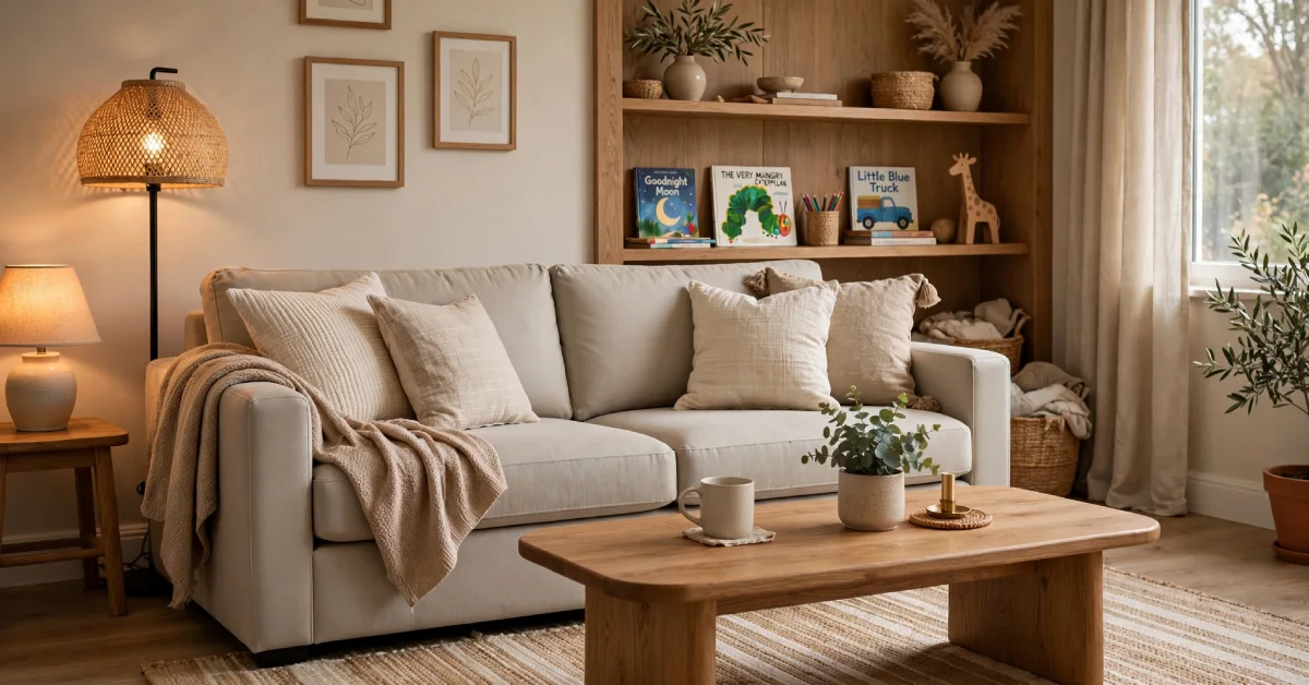 Family-style living room redesign similar to the Purdy home's Pottery Barn makeover
