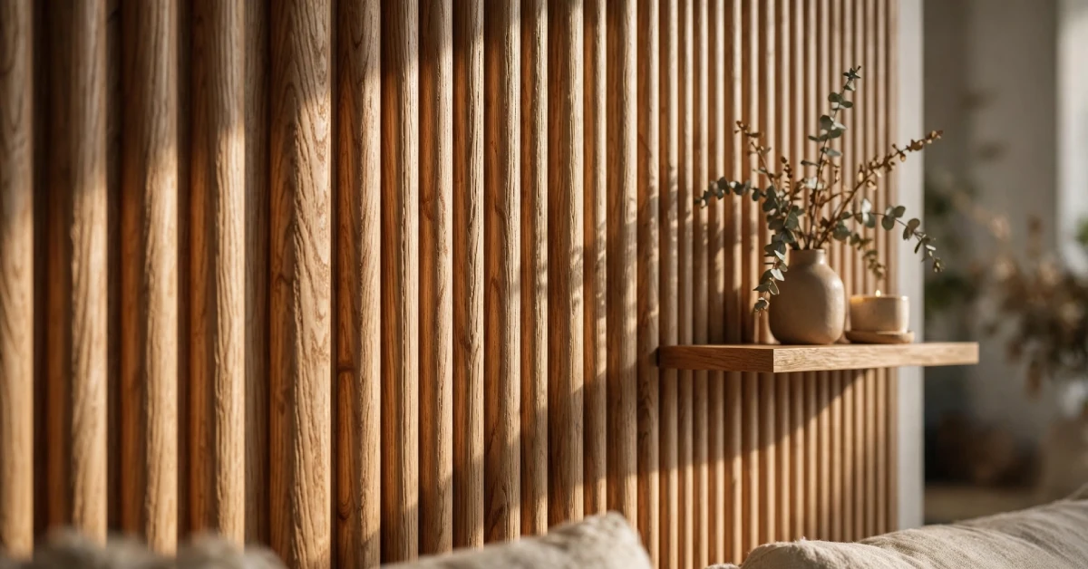 Fluted oak wood slat accent wall texture in a modern living room