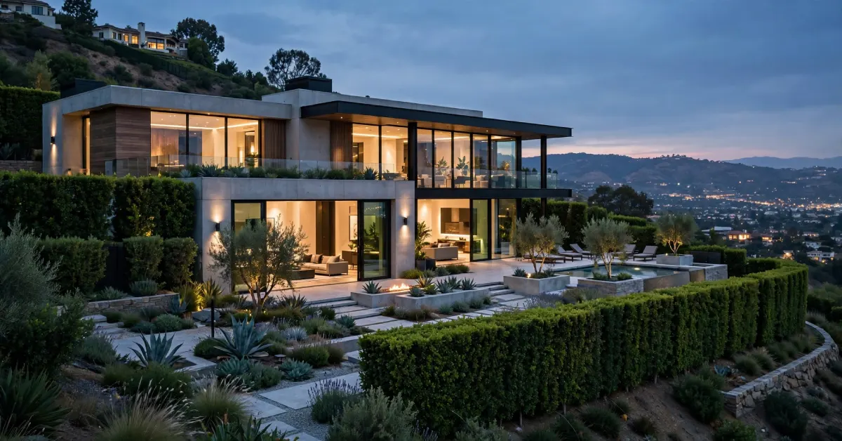 Large hillside mansion exterior similar to properties once owned in Los Angeles