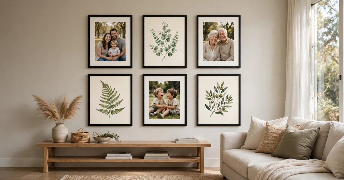 Gallery wall with six matching black frames arranged in a grid on a living room wall