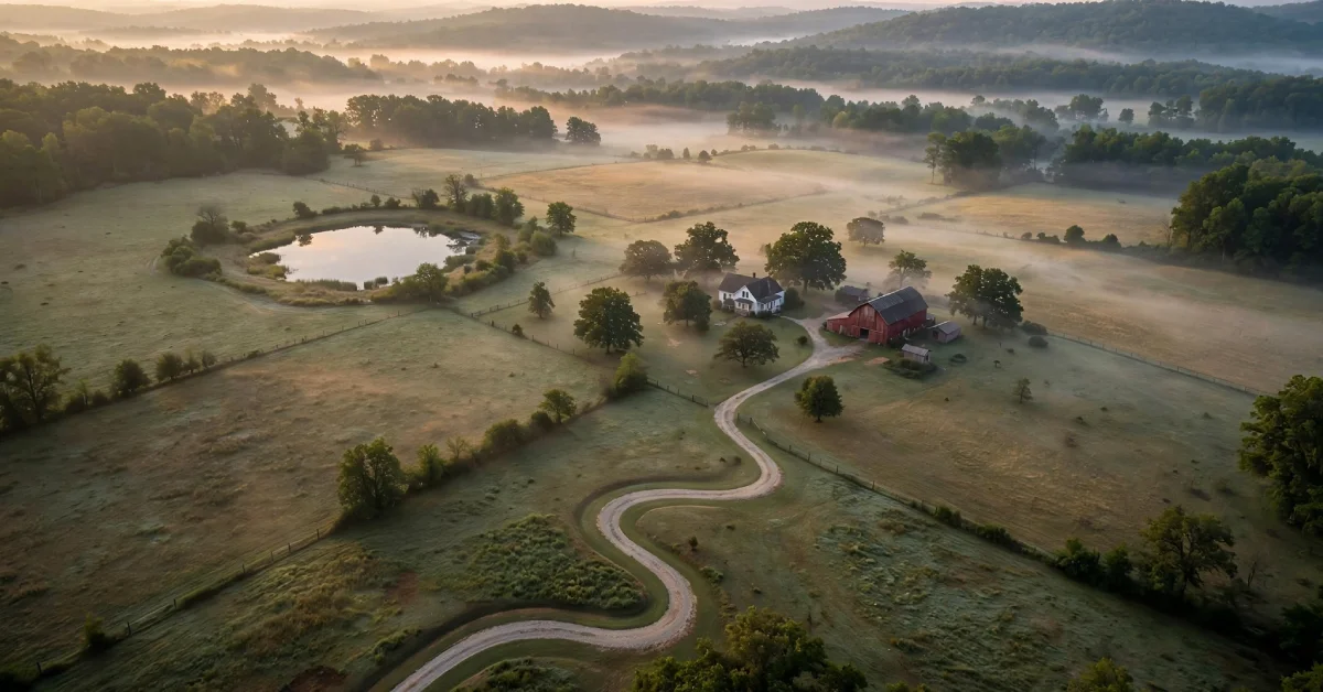 Aerial view of rural Tennessee farmland similar to George Kittle's Nashville property