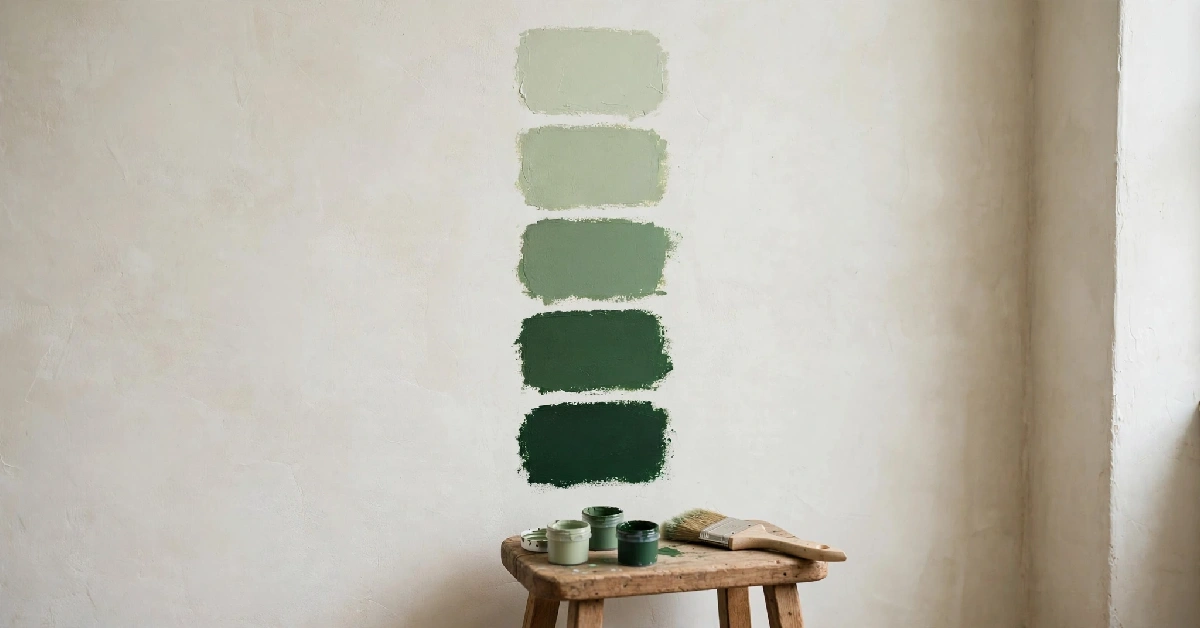 Five green paint sample patches from pale sage to deep forest green on a bedroom wall
