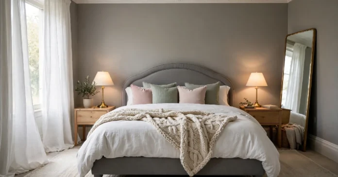 Grey bedroom ideas with a grey upholstered bed, white bedding, warm wood nightstands, and soft warm lighting.