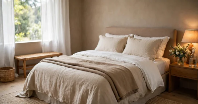 Cozy guest bedroom ideas with warm neutral bedding and soft lighting