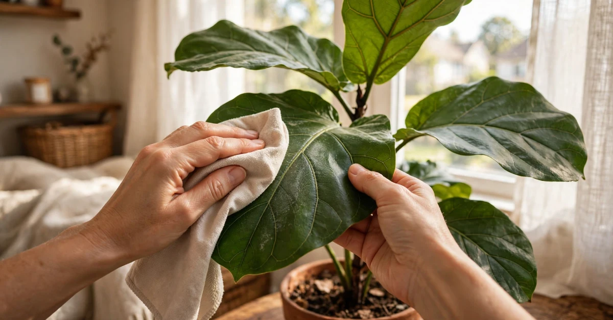 Hands dusting houseplant leaves as part of routine plant care