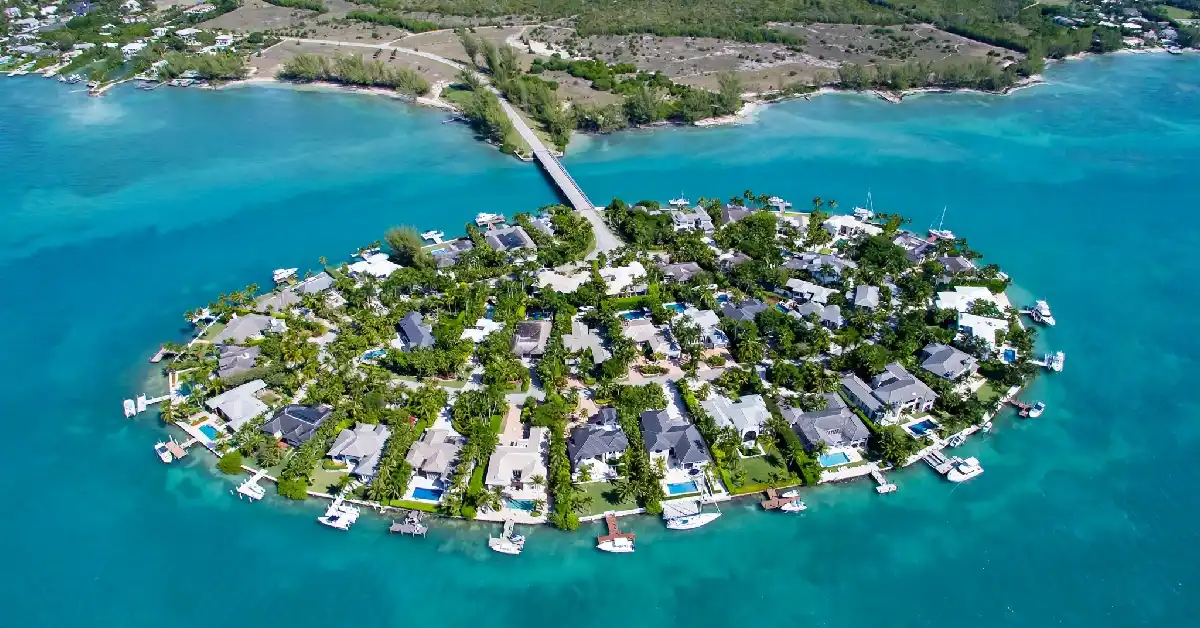 Aerial view of Indian Creek Island, the private Miami community known as the Billionaire Bunker