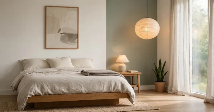 Japandi bedroom with a low oak bed, linen bedding, and a paper pendant lamp in warm neutral colours