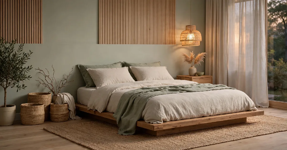 Japandi bedroom with a low wood bed, jute rug, and woven storage baskets