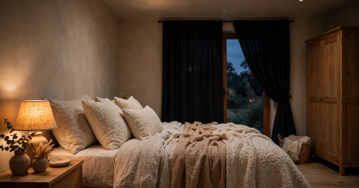 Layered bedroom lighting with a warm bedside lamp and dimmed overhead light