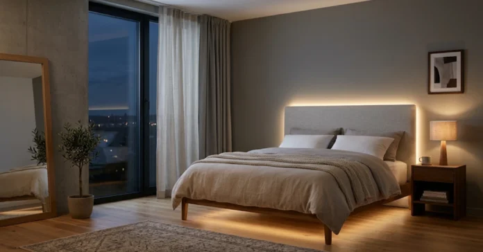 LED lights bedroom setup with warm white strip glow behind the headboard and a dimmed bedside lamp