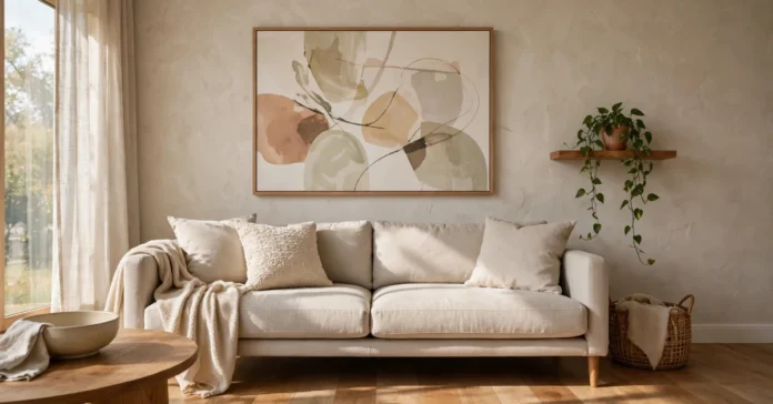 Living room with statement art above the sofa, a floating shelf, and a textured accent wall