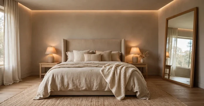 Luxury master bedroom with warm neutral walls, layered lighting, and a cozy upholstered bed