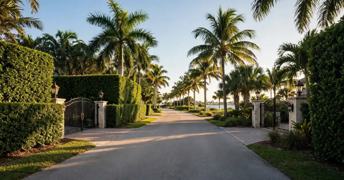 Palm-lined street in Manalapan, Florida known for its private waterfront estates