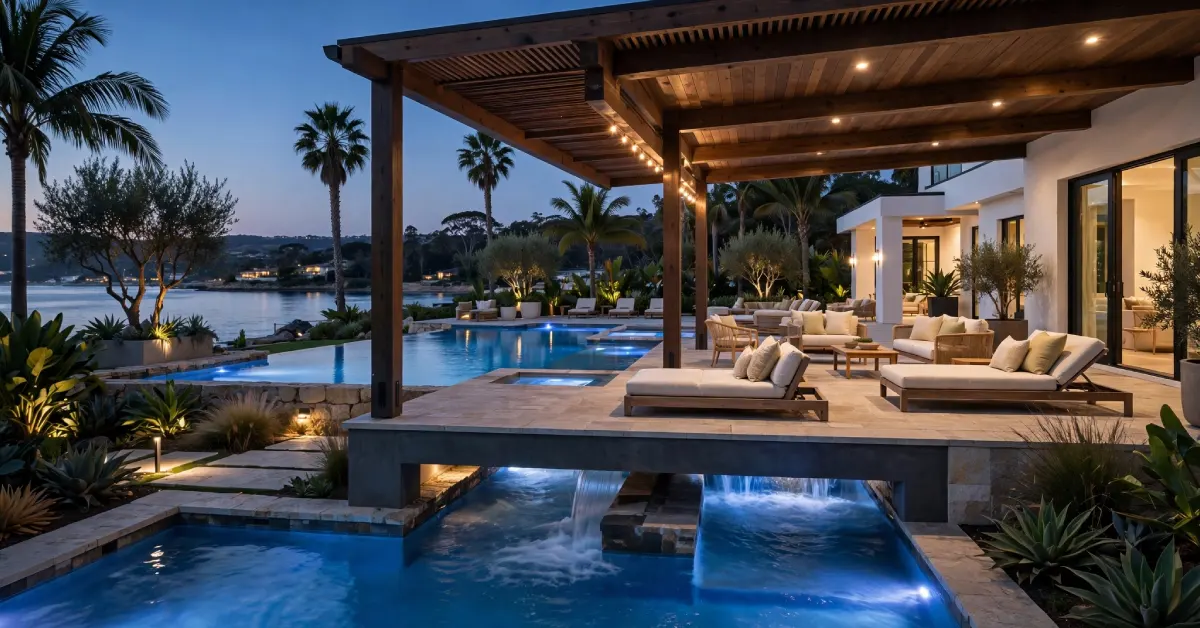 Resort-style pool and terrace typical of luxury Manalapan waterfront homes