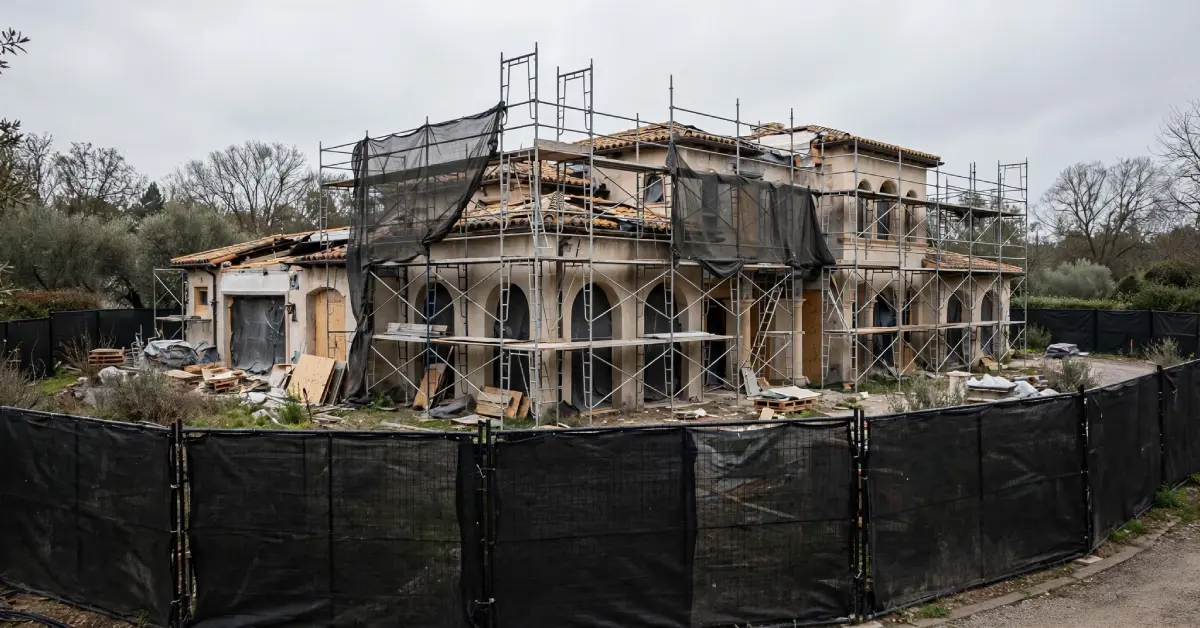 Construction fencing surrounding a Beverly Hills mansion during renovation