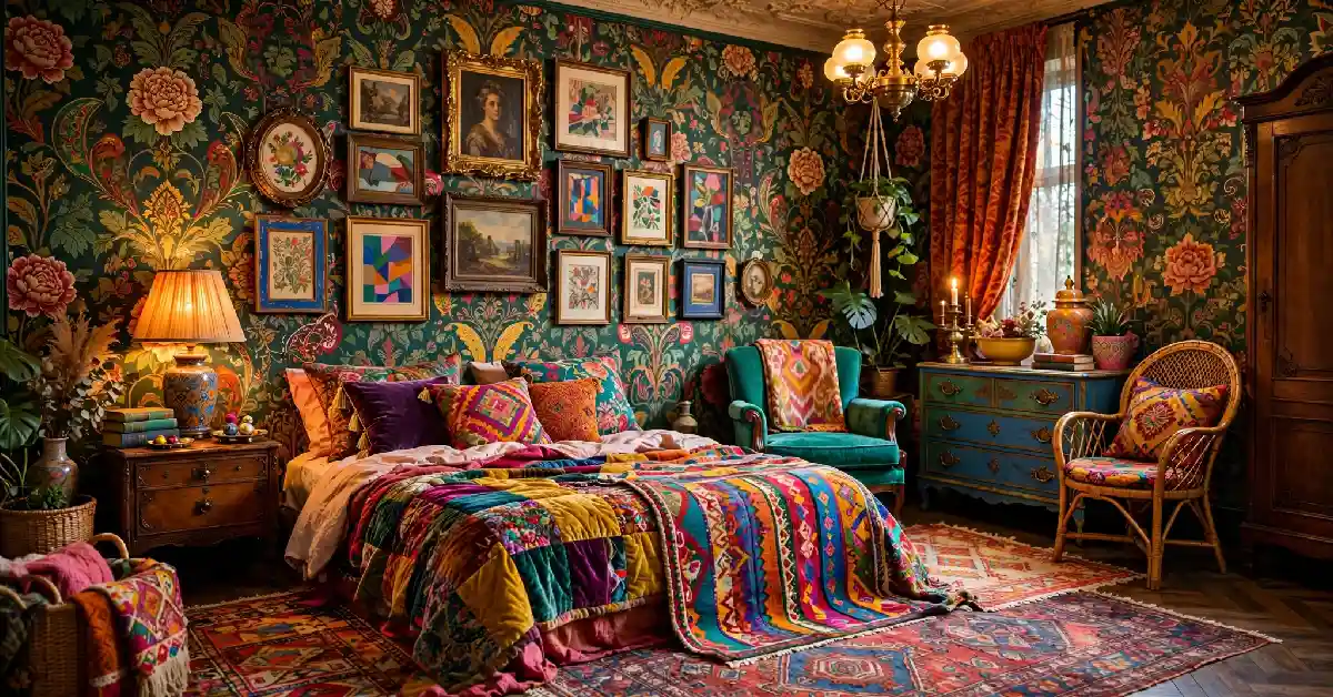 Maximalist bedroom with patterned wallpaper, a gallery wall, and layered vintage rugs
