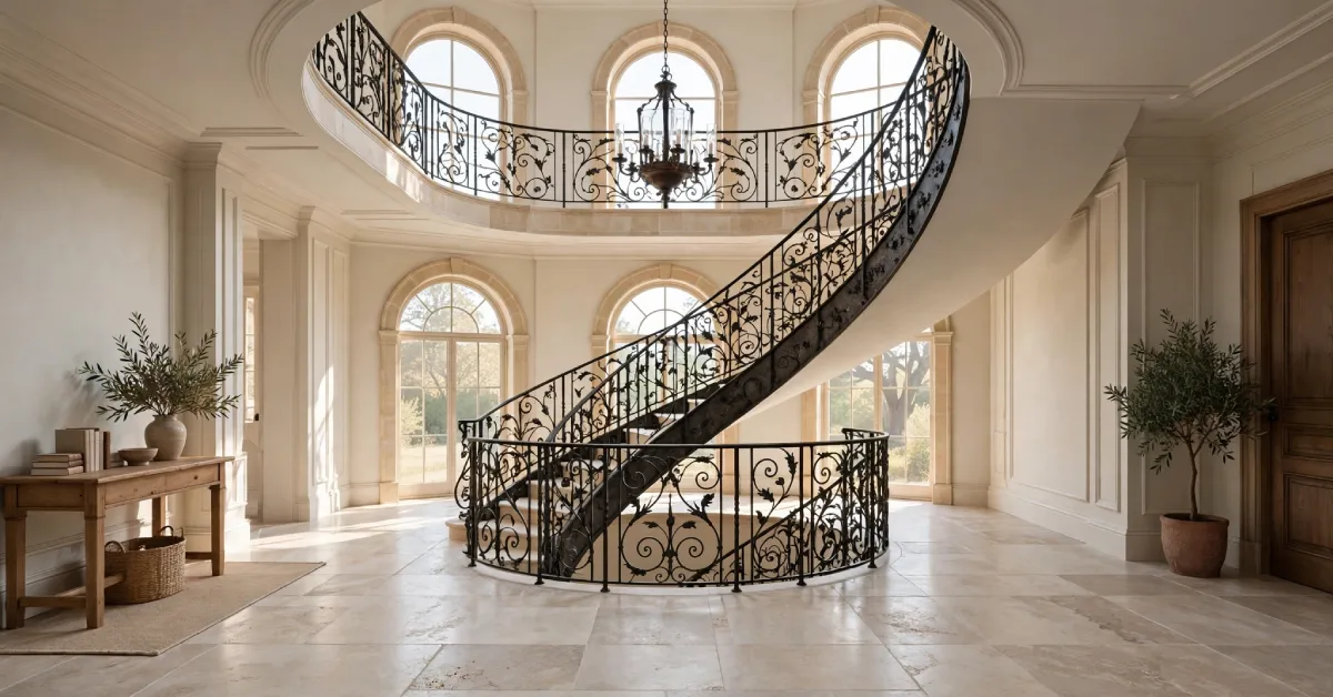 Circular staircase and limestone foyer inside a Mediterranean-style mansion