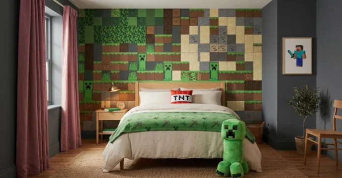Dark grey Minecraft bedroom with colorful pixel block accent wall, simple bedding, creeper pillow, and warm lighting for kids