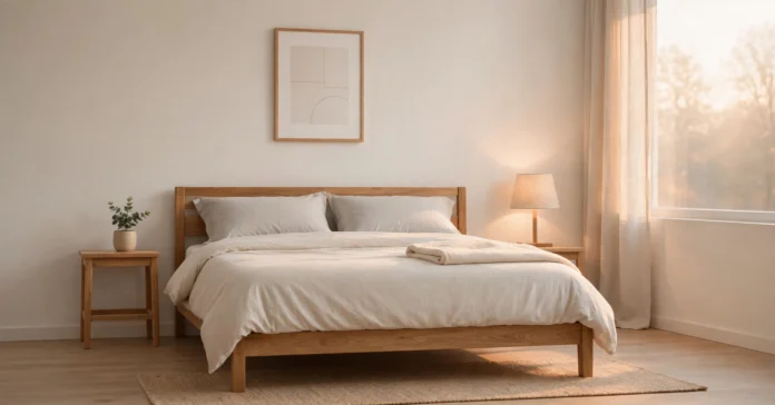 A minimal bedroom design with a simple bed frame, neutral colors, and clutter-free space showing how to create a calm sleep room