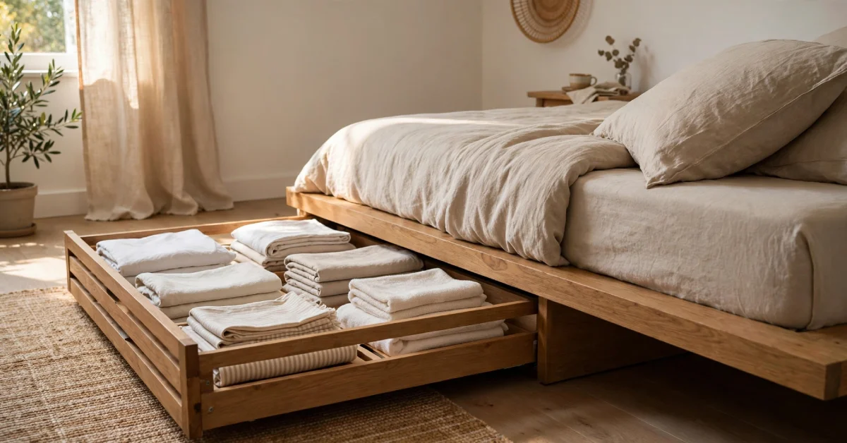 Open under-bed storage drawer in a minimalist bedroom
