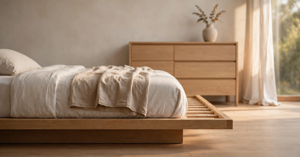 Low wood platform bed frame with clean lines in a minimalist bedroom