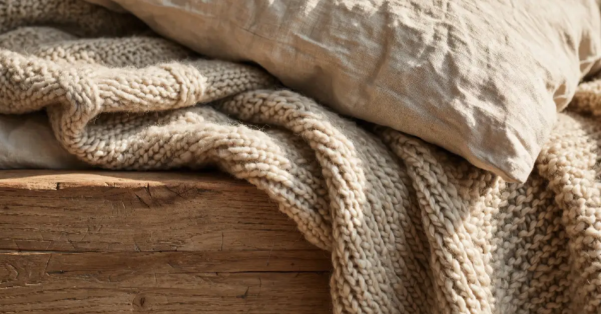 Wood, wool, and linen textures layered in a minimalist bedroom