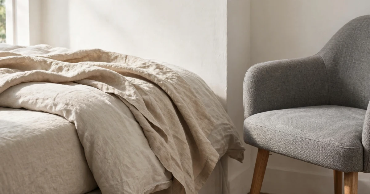Neutral beige and gray color palette in a minimalist bedroom corner