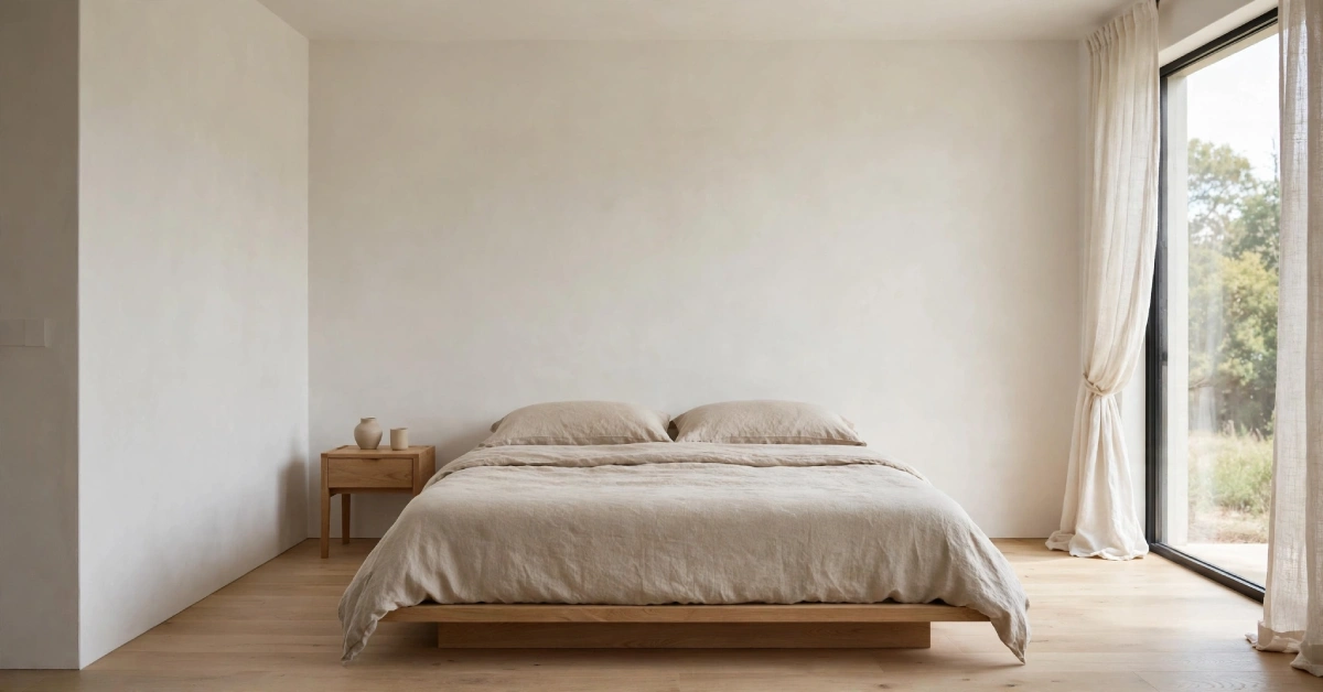 Calm minimalist bedroom with a low platform bed and neutral linen bedding
