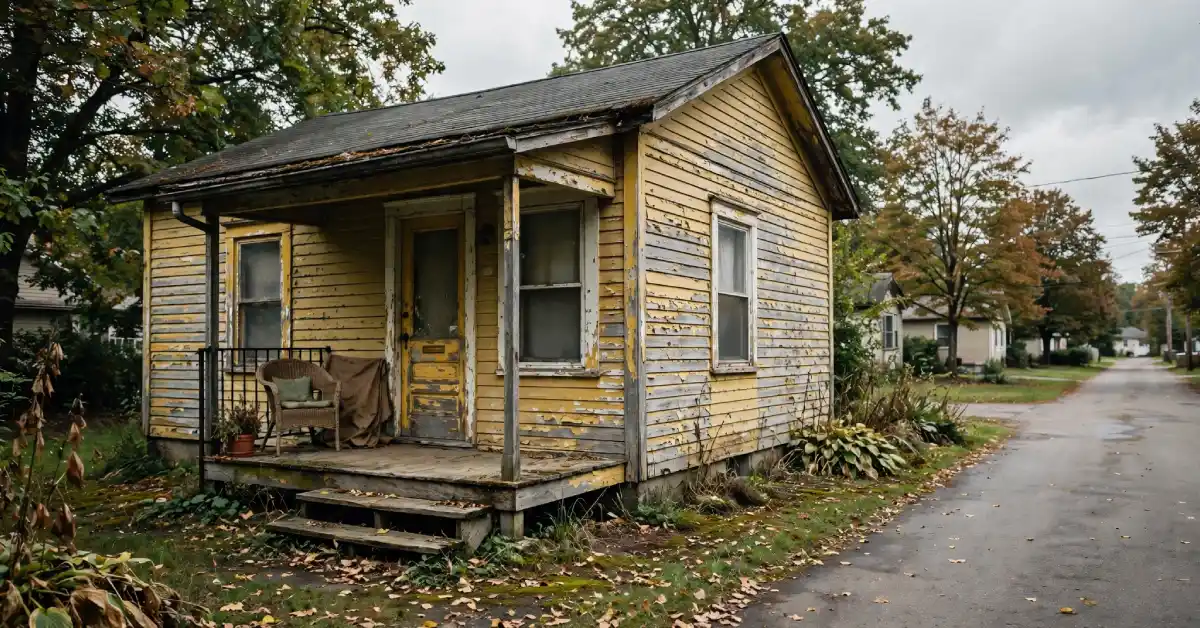 Modest wood-frame house with yellow paint typical of small Texas towns