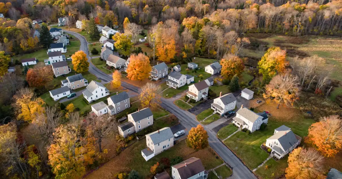 Aerial view of a quiet Monroe, Connecticut neighborhood similar to the Warren House location