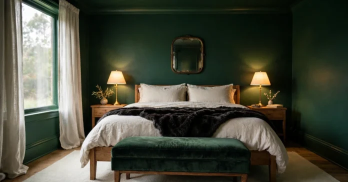 Moody bedroom with dark green walls, cream linen bedding, and warm bedside lamps