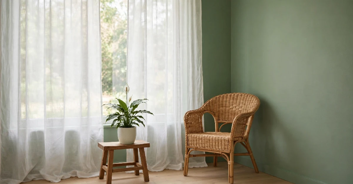 Potted peace lily on a wooden stool by a window in a sage green bedroom with a rattan chair