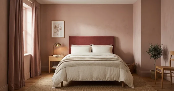 Pink bedroom with dusty rose walls, ivory bedding, oak nightstand, and brass lamp in warm light