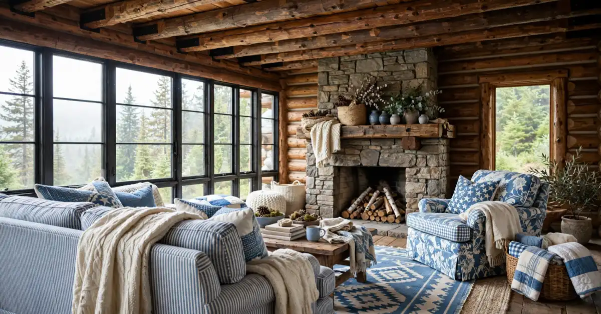 Cozy renovated log cabin living room with exposed beams and neutral furnishings