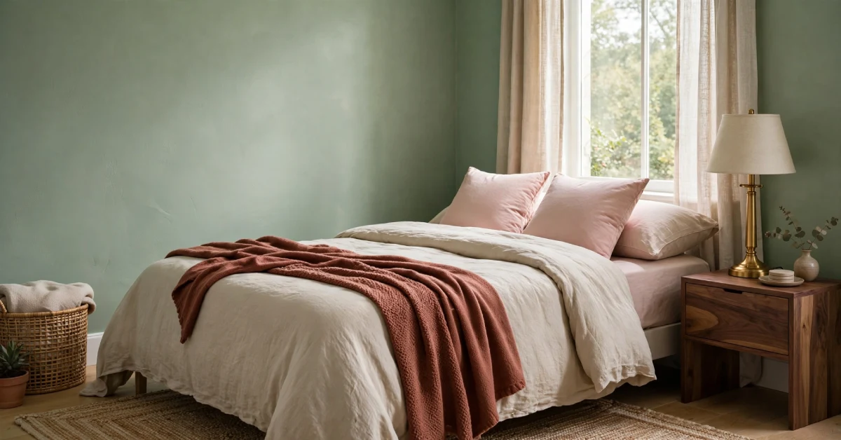 Sage green bedroom with beige bedding, blush cushions, a walnut nightstand and a brass lamp