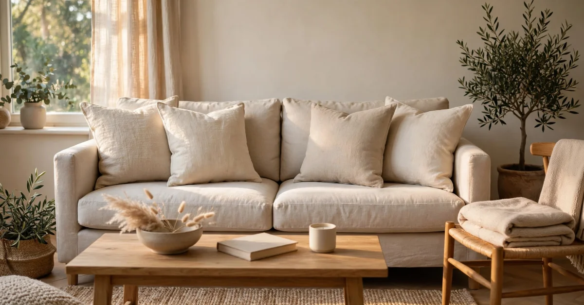 Sofa styled with seasonal cushions and a throw for an easy interior refresh