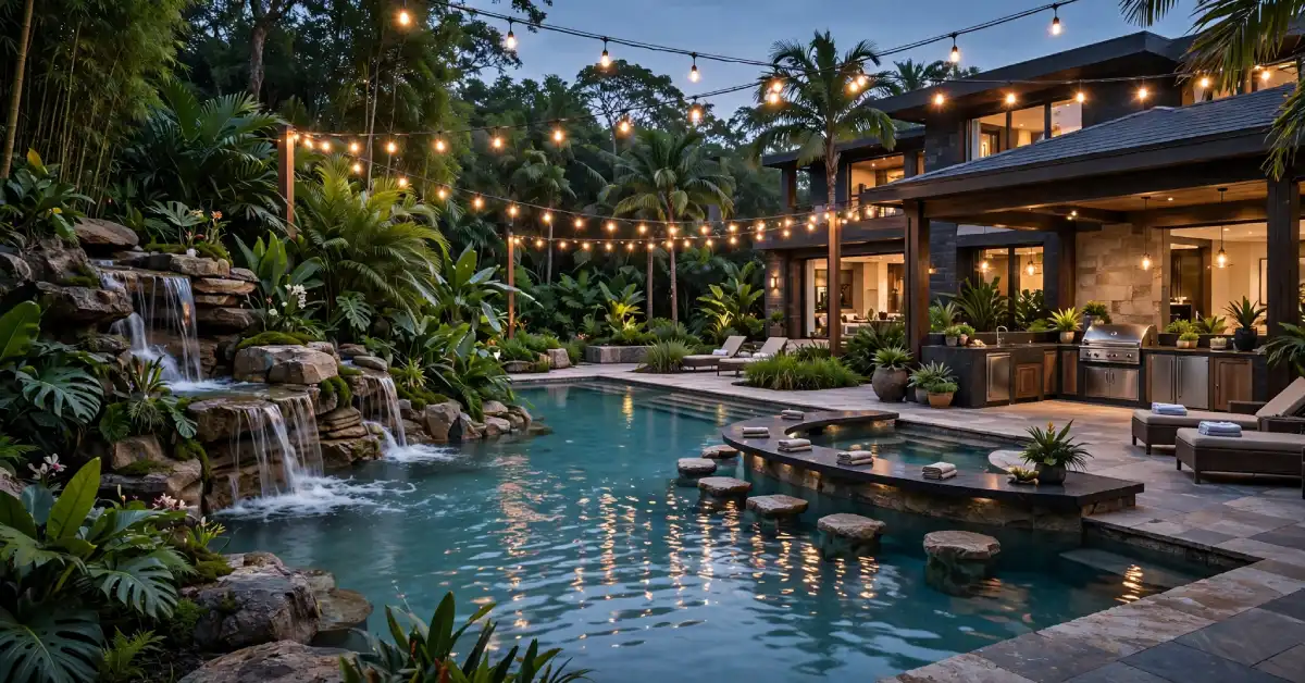 Resort style pool area at the Shaquille O Neal house known as Shaqapulco