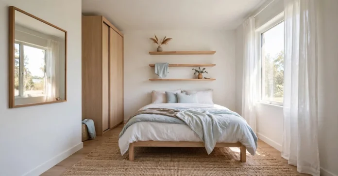 Small bedroom ideas showing a light-colored room with a bed on legs, wall storage, and a mirror for more space
