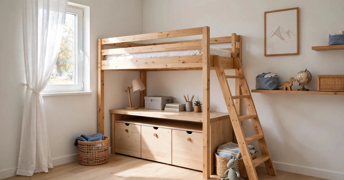 Small boys bedroom idea with loft bed and desk underneath