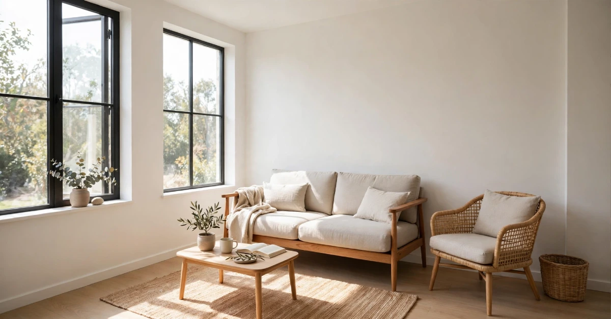 Small living room with a compact sand-coloured sofa and accent chair