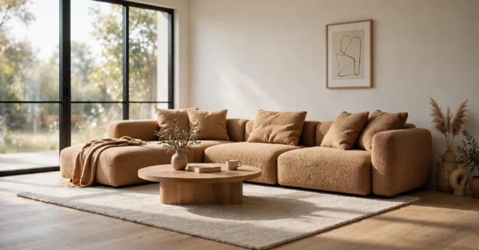 Modern living room with a caramel modular sofa, bouclé cushions, and a neutral rug