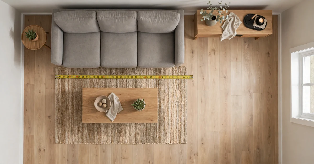 Living room layout showing a sofa taking up two-thirds of the wall space