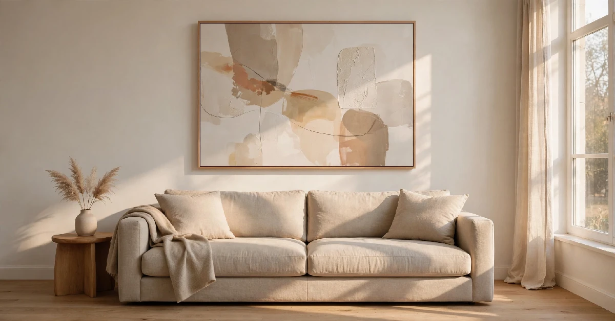 Large abstract art hung above a beige sofa in a living room, sized to two-thirds of the sofa width
