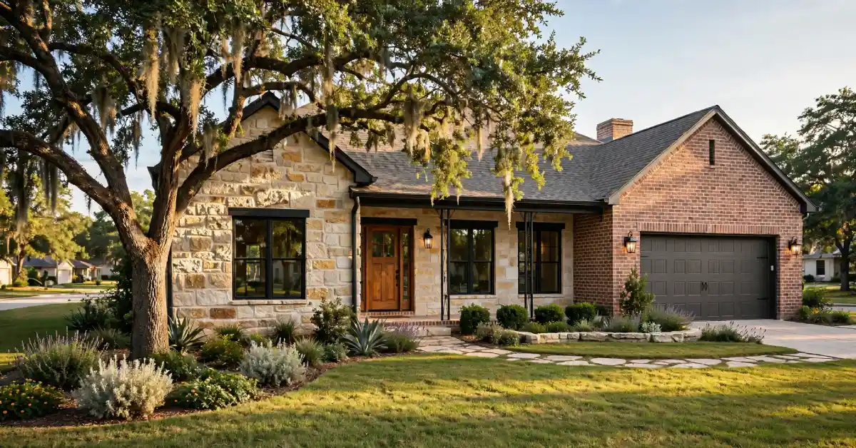 Suburban Texas home with a live oak tree in the front yard