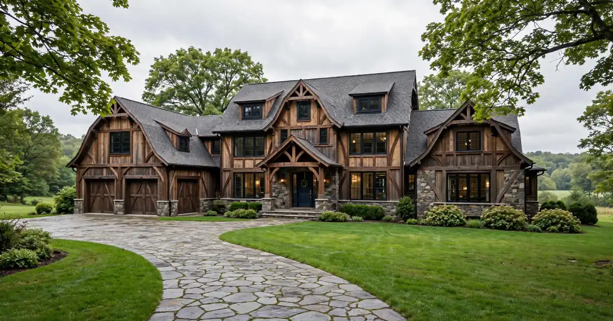 Rustic barn-style exterior of Tom Brady's former Brookline, Massachusetts home