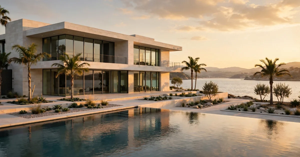 Modern glass and stone exterior of Tom Brady's Indian Creek Island house