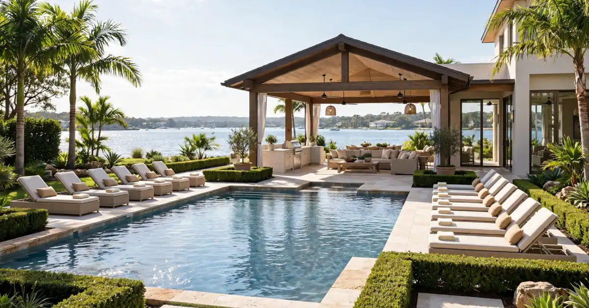 Resort style pool and outdoor living area at Tom Brady's Miami house