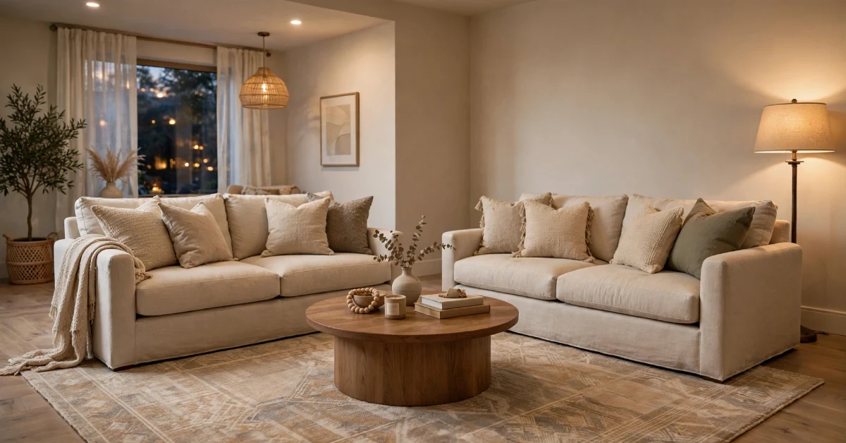 Two neutral sofas facing each other with a coffee table between them